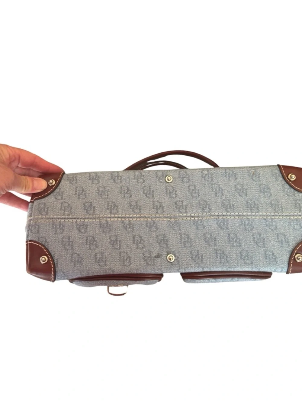Dooney & Bourke NWT Double Pocket Tote Blue Denim and Brown Leather Bag